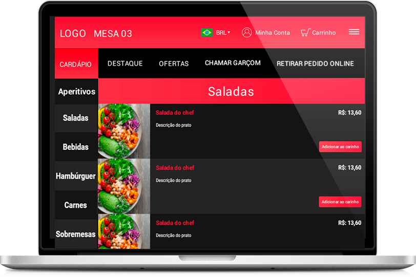 Produtos no cardápio